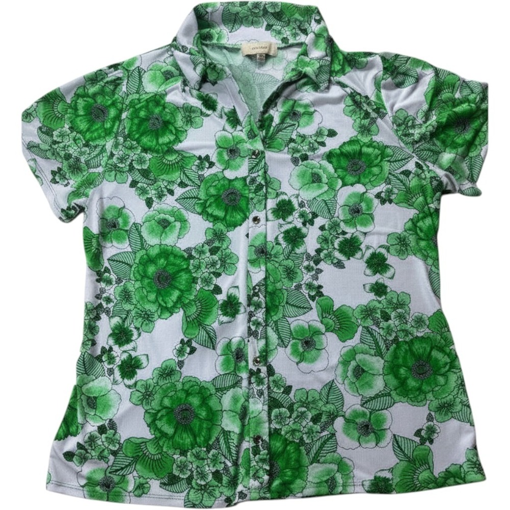 Diana Belle Green Floral Short Sleeve Button Up Top 29501A XL